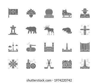 Set of Canadian Culture Grey Icons. Sports Equipment, Police, Bear, Elk and more
