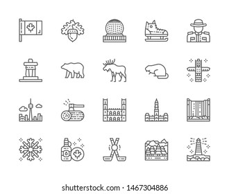 Set of Canadian Culture Line Icons. Sports Equipment, Police, Bear, Elk, Beaver, Traditional Totem Pole, Waterfall, Maple Syrup, Forest, Mountains and more. Pack of 48x48 Pixel Icons