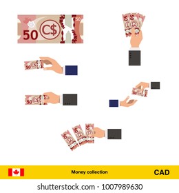 Set of Canadian dollar banknote. Holding, throwing Canadian dollar banknote.