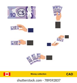 Set of Canadian dollar banknote. Holding, throwing Canadian dollar banknote.