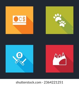 Set Canadian dollar, Paw print, Curling sport game and Mountains icon. Vector