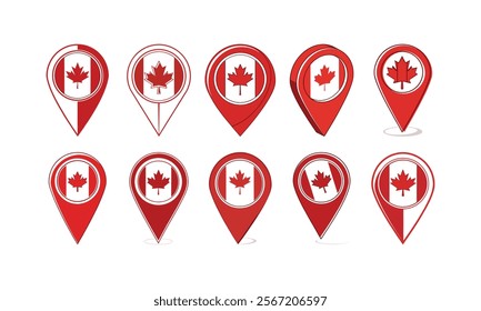 Set of Canadian flag map pointers with maple leaf icon - red and white vector location markers for Canada thomes