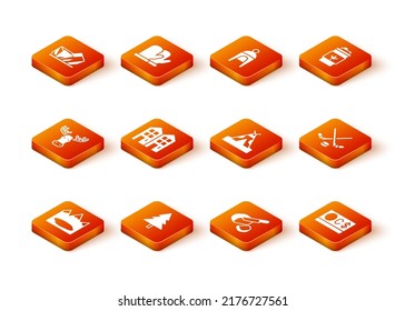 Set Canadian lake, Christmas tree, Moose head with horns, House, Peameal bacon, Indian teepee wigwam, dollar and Ice hockey sticks and puck icon. Vector