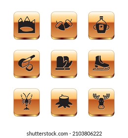 Set Canadian lake, Lobster, Tree stump, Christmas mitten, Peameal bacon, Maple syrup, Moose head with horns and Acorn icon. Vector