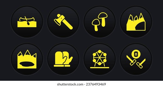 Set Canadian lake, Mountains, Christmas mitten, Ferris wheel, Mushroom, Wooden axe, Curling sport game and Kayak canoe icon. Vector