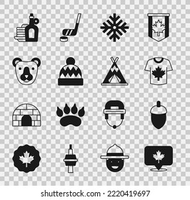 Set Canadian maple leaf, Acorn, Hockey jersey, Snowflake, Beanie hat, Bear head, Syrup with pancakes and Indian teepee wigwam icon. Vector