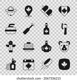 Set Canadian maple leaf, Bear head, Wooden axe, Christmas mitten, Paddle, Stone for curling, ranger hat and Bottle of syrup icon. Vector