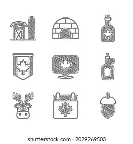 Set Canadian maple leaf, Canada day with, Acorn, Bottle of syrup, Deer head antlers, Pennant flag,  and Farm house icon. Vector