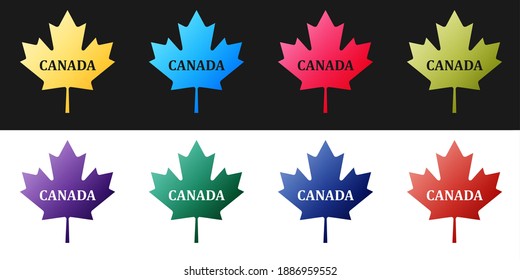 Establezca la hoja de arce canadiense con el nombre de la ciudad icono de Canadá aislado en fondo blanco y negro. Vector.