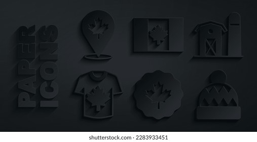Set Canadian maple leaf, Farm house, Hockey jersey, Beanie hat, Flag of Canada and  icon. Vector