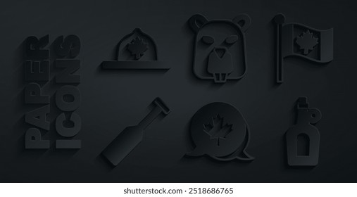 Set Canadian maple leaf, Flag of Canada, Paddle, Bottle syrup, Beaver animal and ranger hat icon. Vector