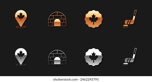 Set Canadian maple leaf, Igloo ice house,  and Ice hockey stick and puck icon. Vector