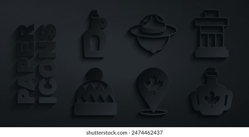 Set Canadian maple leaf, Inukshuk, Beanie hat, Bottle of syrup, ranger and  icon. Vector