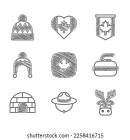 Set Canadian maple leaf, ranger hat, Deer head with antlers, Stone for curling, Igloo ice house, Winter, Pennant flag of Canada and Beanie icon. Vector