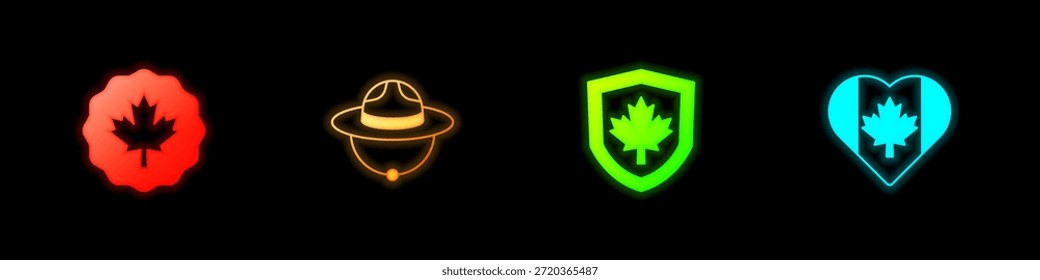 Conjunto de hoja de arce canadiense, sombrero del guardabosques, bandera de Canadá en el escudo y el icono en forma de corazón. Vector