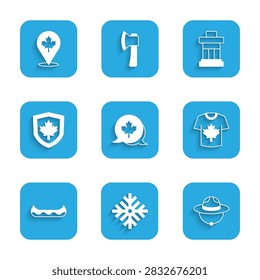Set Canadian maple leaf, Snowflake, ranger hat, Hockey jersey, Kayak, Canada flag on shield, Inukshuk and  icon. Vector