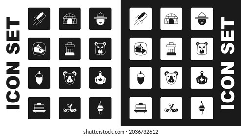 Set Canadian ranger hat, Inukshuk, Canada map, Hockey puck, Beaver animal, Igloo ice house, Bottle of maple syrup and Acorn icon. Vector