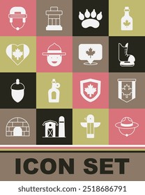Set Canadian ranger hat, Pennant flag of Canada, Skates, Bear paw footprint, Heart shaped, Hockey helmet and maple leaf icon. Vector