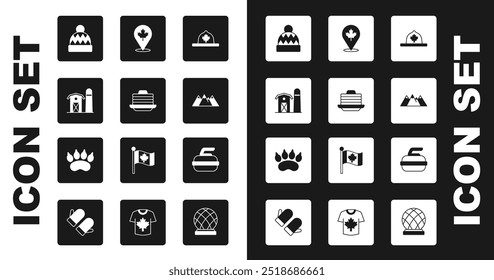 Set Canadian ranger hat, Stack of pancakes, Farm house, Beanie, Mountains, maple leaf, Stone for curling and Bear paw footprint icon. Vector