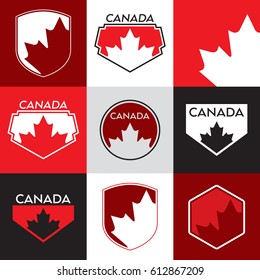 A set of Canadian shields featuring an iconic maple leaf design in vector format.