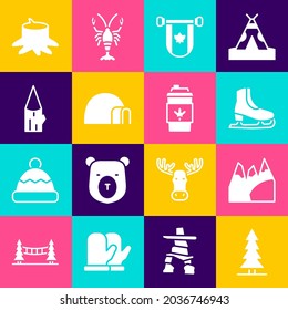 Set Canadian spruce, Mountains, Skates, Pennant Canada, Igloo ice house, Wooden log, Tree stump and Coffee cup to go icon. Vector