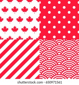 Set of Canadian themed Patterns. Collection of 4 Canadian patriotic seamless patterns in red and white.