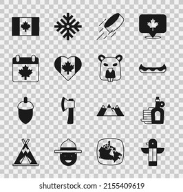 Set Canadian totem pole, Syrup with pancakes, Kayak, Hockey puck, Heart shaped Canada flag, day maple leaf, Flag of and Beaver animal icon. Vector