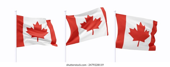 Set of Canadian waving flag on flagpole. Realistic 3d design flag flies on the wind on isolated white background. vector illustration