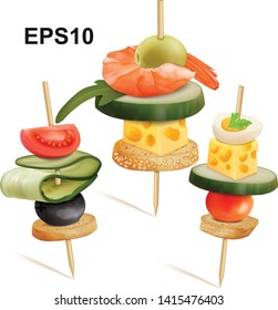 Set of Canape. Cheese, tomatoes, shrimp, cucumber, bread, egg, olive. Vector 3D illustration
