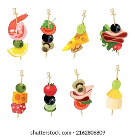 Set of canapes with different fillings in cartoon style. Vector illustration of delicious and appetizing homemade canape different species.