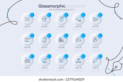 Set of Cancel flight, Delivery man and Delivery insurance line icons for web app. Fuel price, Journey, Flight mode icons. Car, Waves, Petrol station signs. Airplane mode. Glassmorphism buttons. Vector