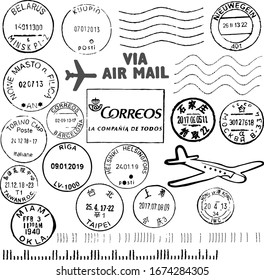 Set of cancellation postal stamps of different countries