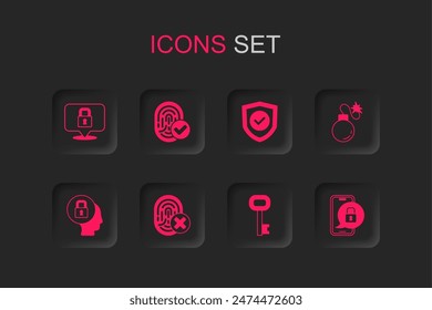 Set Cancelled fingerprint, Fingerprint, Lock, Old key, Bomb, Mobile with closed padlock, Shield check mark and  icon. Vector