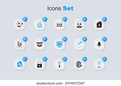 Establecer huella dactilar cancelada, cámara de seguridad, bloqueo, casa bajo protección, timbre de alarma y escudo con icono de marca de verificación. Vector