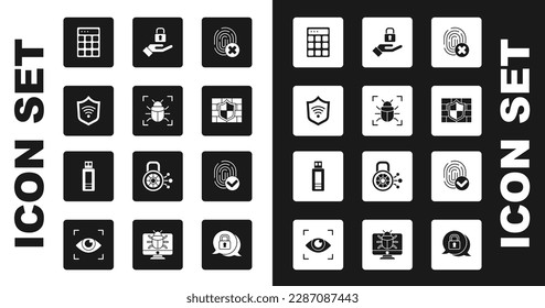 Ajuste huellas digitales canceladas, fallo del sistema, Escudo con WiFi, protección con contraseña, pared de ladrillo, Bloquear mano, Huella digital e icono de unidad flash USB. Vector