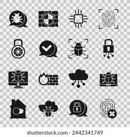 Set Cancelled fingerprint, System bug on monitor, Cyber security, Processor with microcircuits CPU, Check mark speech bubble, Safe combination lock,  and  icon. Vector