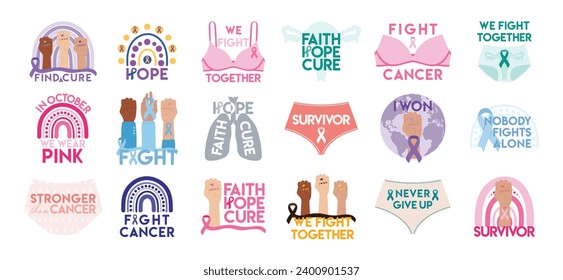 Set of cancer awareness stickers. Breast, cervical, uterine, ovarian, prostate, lung and skin, bladder cancer illustration. Faith, hope, cure phrase. Survival, fight concept. Hand drawn illustration