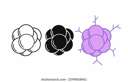 A set of cancer cell icons in three styles: outline, solid black, and colored with branching structures. Ideal for medical, biology, and healthcare-related designs