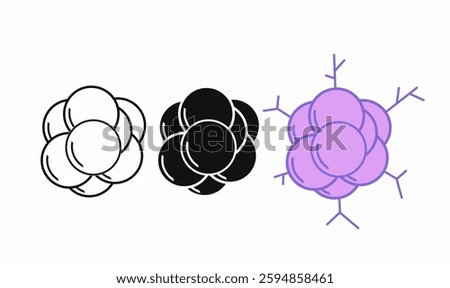 A set of cancer cell icons in three styles: outline, solid black, and colored with branching structures. Ideal for medical, biology, and healthcare-related designs