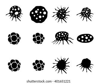 Set of cancer cell in silhouette style. Bacteria, disease, pathogen, germ, bacterium HIV and virus