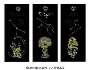 Set with Cancer, Leo and Virgo Zodiac symbols banners on black. Hand drawn vector illustration. Template background, suitable for print, card, poster, bookmark