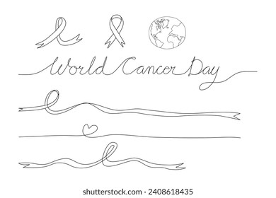 Set of cancer ribbon elements for design in line drawing style with continuous line of world cancer day calligraphy.