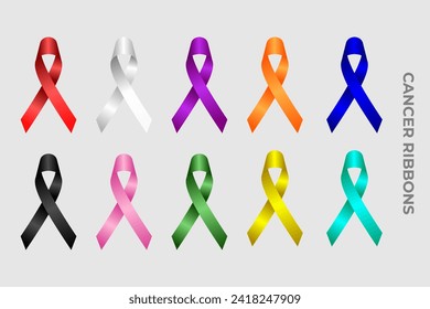 Set of cancer ribbons, suitable for cancer awareness campaigns, health education materials, health websites and applications, supporting merchandise, graphic design projects, etc.