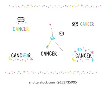 Conjunto de cantos do zodíaco do câncer. Constelações coloridas de desenhos animados e letras cantam. Tatuagem de talismã de caneta de feltro desenhado à mão, logotipo, adesivo. Elemento isolado.