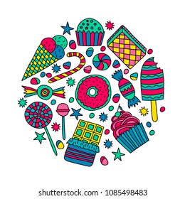 Set of candies, cakes, sweets, ice cream and desserts in doodle style. Hand drawn vector illustrations