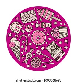 Set of candies, cakes, sweets, ice cream and desserts in doodle style. Hand drawn vector illustrations