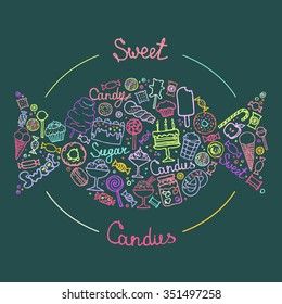 Set of candies, cakes, sweets, ice cream and desserts in doodle style. Hand drawn vector illustrations. Illustration of isolated sweet candies set