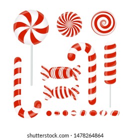 Set of candies caramel, Lollipop, cane, jelly beans. Striped candy without wrapper on a white background. Vector design element for winter Christmas new year holidays website dessert treat etc Vector