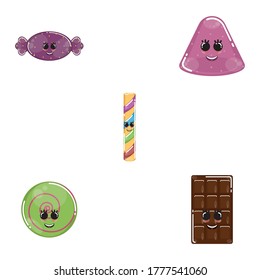 Set of candies cartoons. Cartoons of a caramel, candy bar, chocolate bar, jelly and lollipop - Vector