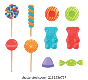 Set of candies. Collection of caramels on stick and colorful jelly bears, fruit lollipops, sweets. Stickers for social networks. Cartoon flat vector illustrations isolated on white background